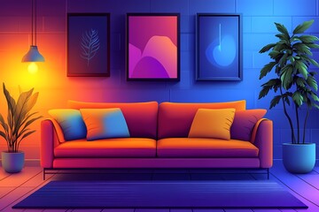 Modern Interior Design: Cozy and Stylish Living Room with Colorful Sofas and Artwork