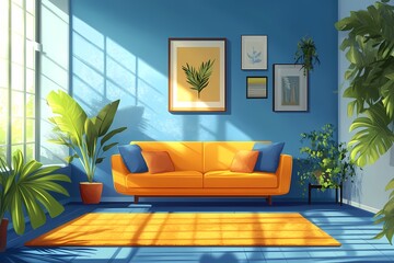 Modern Living Room Interior with Cozy Sofa, Indoor Plants, and Vibrant Artwork - Contemporary Home Decor Elegance for a Sunny Ambiance