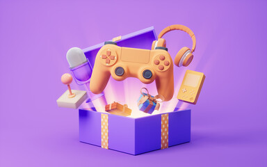 Cartoon style gamepad and gift box, 3d rendering. © Vink Fan