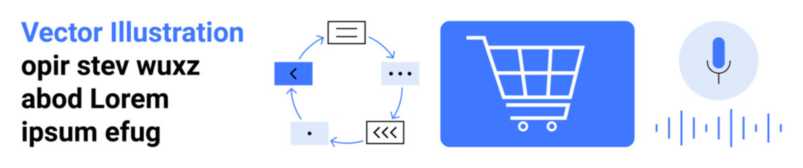 Shopping cart block, flow diagram of chat bubbles, and microphone symbol with sound waves. Ideal for e-commerce, AI, shopping, communication, automation, UX design simple landing page