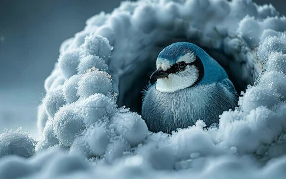 Blue jay nestled in a snow tunnel, surrounded by soft snowflakes, showcasing nature's beauty and winter's charm.