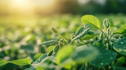 Obraz premium organic green agriculture plantation of soybean field at farm.