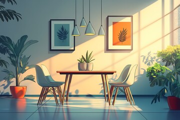 Modern Minimalist Interior Design: Stylish and Bright Living Space with Greenery and Comfortable Furniture