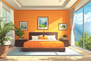 Modern Orange Bedroom Interior with Mountain Views – Cozy, Spacious, and Stylish Decor Featuring Natural Light, Vibrant Design Elements, and Serene Sleeping Area