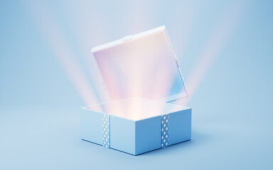 Opening blue cartoon style gift box, 3d rendering.