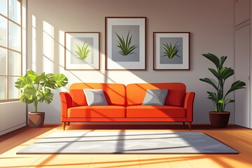 Modern Orange Sofa in Cozy Minimalist Interior with Home Decor, Wall Art, and Potted Plants in Sunlit Living Room