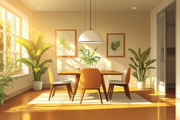 Modern Dining Room Design: Minimalist Interior with Contemporary Furniture and Abundant Natural Light