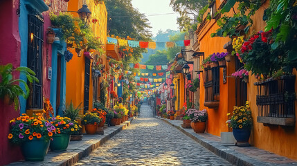 Celebrate Cinco de Mayo with this vibrant colonial street scene! Perfect for festive event posters, travel promotions, or cheerful cultural designs. Mexico's victory spirit!