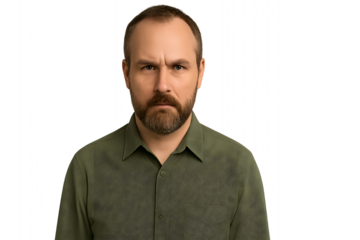 Serious man with beard and green shirt looking forward on transparent background PNG