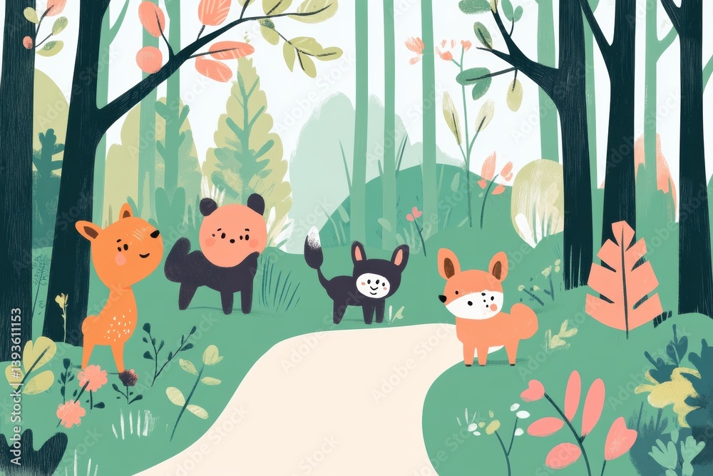 Aufkleber soft forest path with friendly animals walking together during a sunny day in a vibrant woodland set
