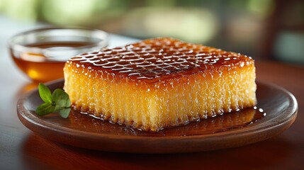Honeycomb cake, a sweet treat drizzled with honey, showcasing a golden-brown honeycomb texture
