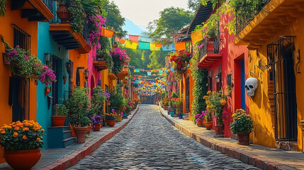 Fototapeta premium Festive colonial town scene perfect for Cinco de Mayo designs. Bright colors, cobblestone streets, and vibrant banners create a cheerful atmosphere for Mexico celebrations.