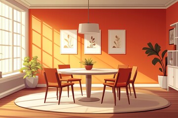 Modern Dining Room Interior Design with Orange Walls and Wooden Furniture, Featuring Minimalist Style and Natural Light for a Cozy Family Gathering