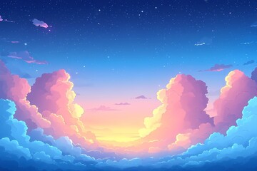 Vibrant Sunset Sky and Clouds: Digital Starry Illustration of a Peaceful Evening Horizon