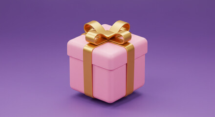 Obraz premium A delightful pink gift box adorned with a golden ribbon, symbolizing joy, celebration, and a precious surprise, against a soft purple backdrop.
