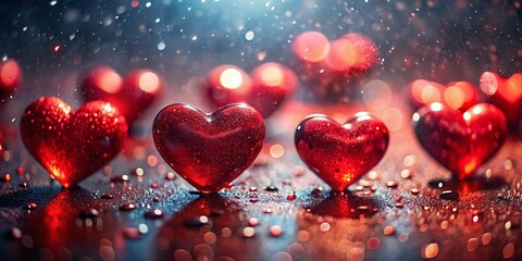 Obraz premium A Romantic Valentines Day Scene Red Hearts Dripping with Love in a Gentle Rain Shower