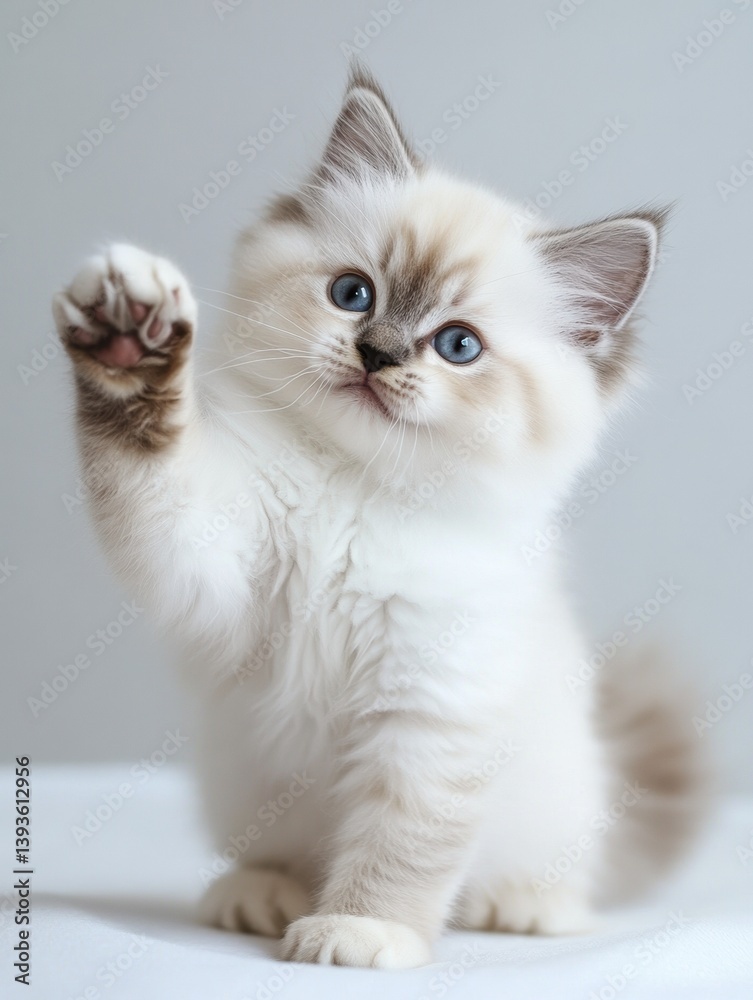 Poster fluffy kitten playfully raising one paw against a plain white background in an adorable and minimal 