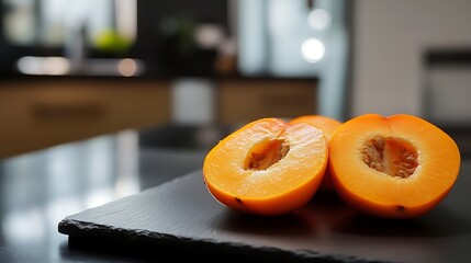 Two ripe apricots cut in half on a dark slate plate with a softly blurred kitchen background creating a fresh and vibrant atmosphere