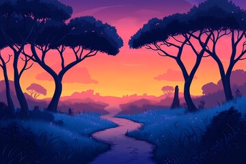 Idyllic African Landscape Illustration at Sunset with Colorful Sky and Tranquil Nature Scenery