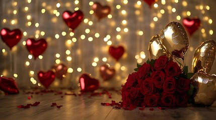 A romantic arrangement featuring a bouquet of red roses in the foreground with scattered petals, golden decorative bells, and a backdrop of warm glowing lights and heart-shaped balloons, creating a