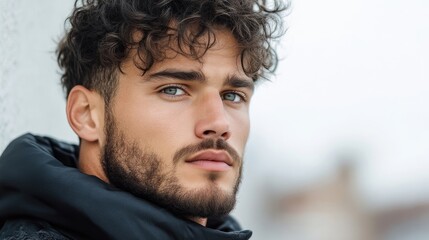 Obraz premium Close-up portrait of a man with curly hair, a beard, and blue eyes