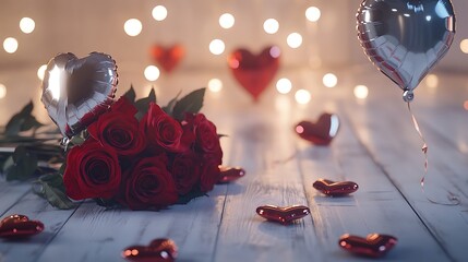 A bouquet of vibrant red roses accompanied by shiny heart-shaped balloons and glowing lights creating a romantic atmosphere, perfect for celebrations of love