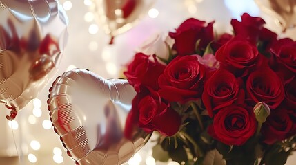A romantic scene featuring a bouquet of vibrant red roses surrounded by heart-shaped silver balloons and soft, warm bokeh lights in the background, creating an intimate atmosphere