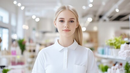 A young female employee smiling in a bright modern store, surrounded by shelves of products, natural light illuminating the scene, and retail concept.