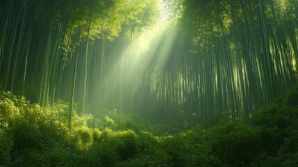 Fototapeta premium Lush bamboo forest, sunbeams piercing through the canopy. Sunlight filters through dense, vibrant green bamboo stalks, creating a mystical and serene atmosphere