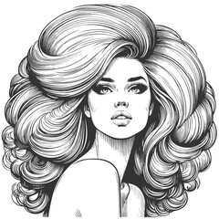 woman with an enormous, intricately curled hairstyle, blending surrealism, elegance, and vintage artistic style sketch engraving generative ai vector illustration. Scratch board. Black and white image