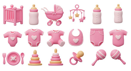 A delightful collection of charming pink baby items celebrating a new arrival, showcasing adorable 3D renderings with soft pastel hues.
