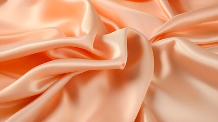 Smooth, luxurious silk fabric in a soft peach tone arranged in delicate folds and creases, creating an elegant and serene atmosphere