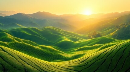 Lush green terraced rice paddies stretch across rolling hills bathed in golden sunrise light