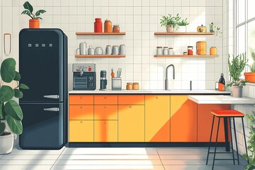Modern Interior Kitchen Design: Vibrant and Cozy Style with Colorful Elements and Large Windows