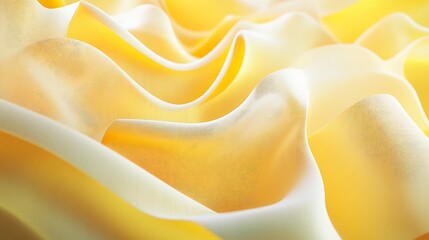 Soft, flowing fabric textures in shades of yellow and cream create a serene and tranquil atmosphere, evoking a sense of warmth and elegance