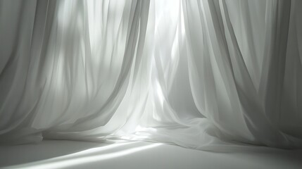 Soft, flowing white curtains gracefully draped, allowing natural light to filter through, creating serene and tranquil ambiance in a bright space