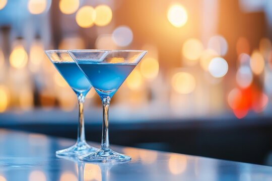 Two martinis in martini glasses on a bar counter