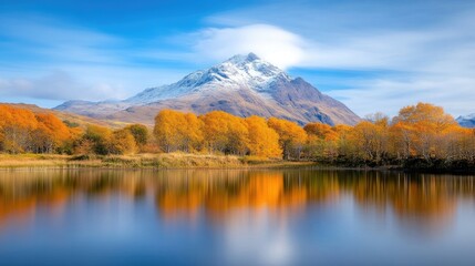 Fototapeta premium Serene autumnal mountain lake. Colorful foliage mirrored in calm water, reflecting a snow-capped peak
