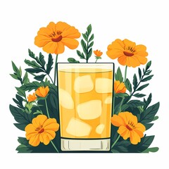 Refreshing Orange Juice Glass with Vibrant Botanical Flowers – Perfect Alcohol-Free Summer Drink