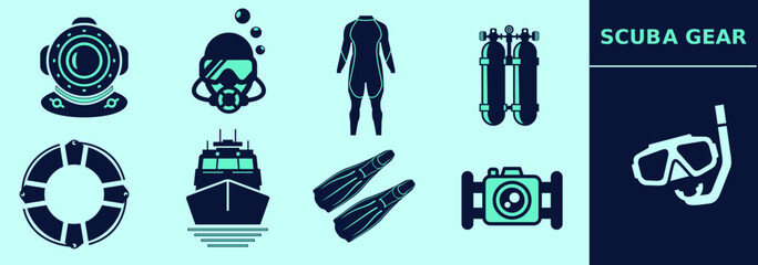 Scuba diving gear collection containing underwater mask, wetsuit, oxygen tank, boat, fins, underwater camera, snorkel, lifebelt. Editable icon elements, size and color.