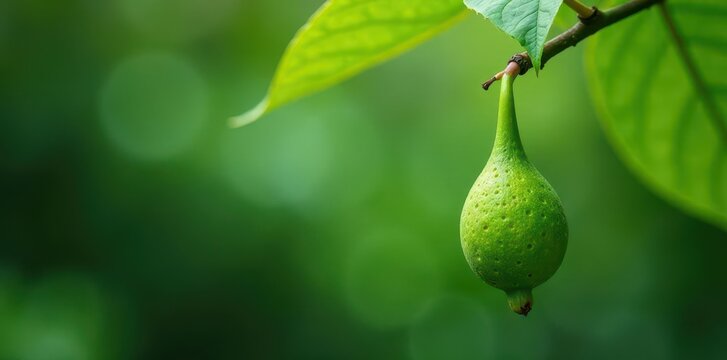 Green calotropis procera seed pod hanging from branch, botanical, nature