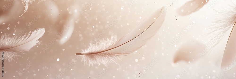 Poster Floating feathers and sparkles create a dreamy atmosphere on a soft creamy background with gentle movement and tranquility present throughout