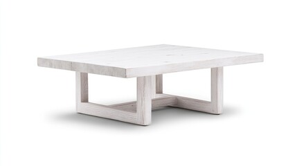 Simple, white, rectangular coffee table with a low profile.  Clean lines and a rustic, natural wood grain style