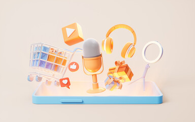 Entertainment and shopping in internet live streaming, 3d rendering.