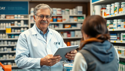 Obraz premium friendly pharmacist assists customer in pharmacy, showcasing professional environment filled with various medications
