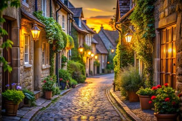 Fototapeta premium Enchanting Spanish Village Street at Dusk A Peaceful Rural Scene with Soft Bokeh