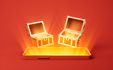 Mobile phone with treasure boxes on it, 3d rendering.