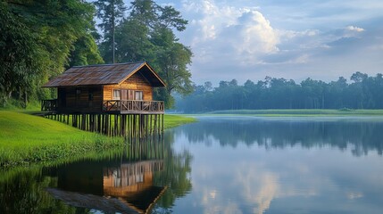 Obraz premium Serene Wooden Cabin on Stilts Overlooking Calm Lake and Lush Forest