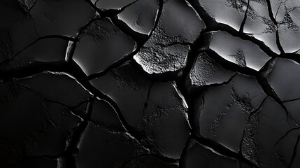 Textured black surface with deep cracks creating a striking and dramatic background with a rugged appearance