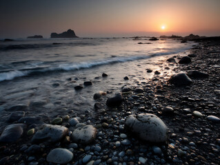 Obraz premium pebble beach, jeju island, sunset, volcanic rocks, gentle waves, detailed, high-resolution